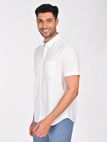 Cotton Half Sleeve Solid Shirt for Men by Indian Terrain, White, X-Large