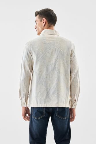 SNITCH Men's Box Fit Overshirt | Textured Floral Pattern with Full Sleeve & Point Collar | 100% Cotton, Breathable & Lightweight Casual Wear | Beige