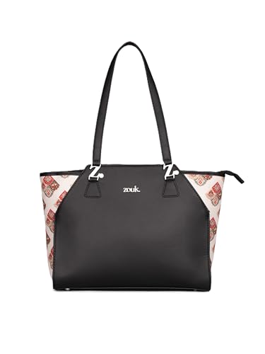 ZOUK Seashell Motif White Printed Jute Handcrafted Vegan Leather Black Women's Check-point Friendly Classic Business