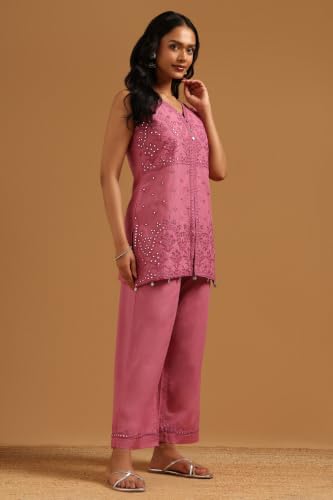 Soch Womens Onion Pink Cotton Floral Embroidered Kurta Set With Mirror Work
