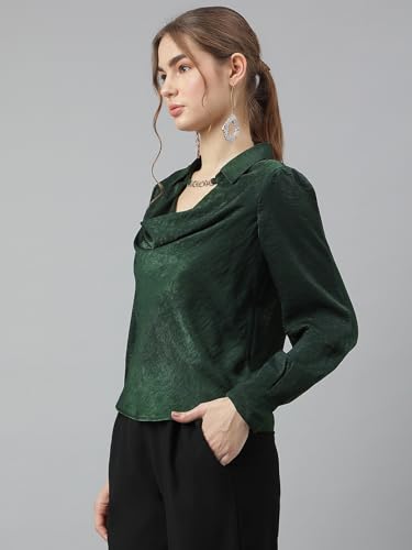 Latin Quarters Women's Green Full Sleeves Collar Neck Casual Solid Top_S
