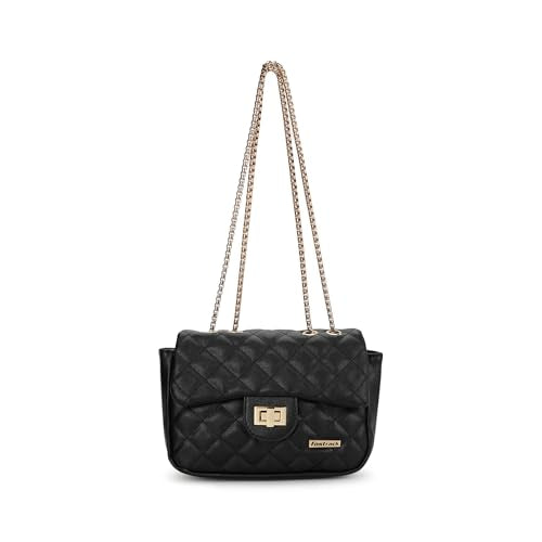 Fastrack Black PU Structured Quilted Sling Bag for Women, Girls and Ladies | Polished Quilted Chic Exterior | Chain Crossbody Handbag | Ladies Purse Handbag