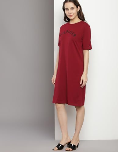 Tommy Hilfiger Women's Cotton T-Shirt Above The Knee Casual Dress (F23HWDR031_Maroon