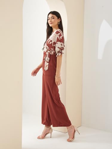 Latin Quarters Women Rust V- Neck Short Sleeves Wrap Printed Casual Jumpsuit_L