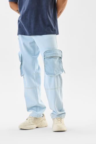 SNITCH Men Jeans | Baggy Fit with Mid Rise & Wide-Leg Design | 100% Cotton Woven Fabric with Light Fading | Casual & Streetwear Style for Summer Comfort |Light Blue