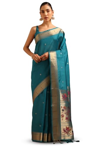 Soch Womens Teal Tussar Botanical Zari Woven Zari Border Saree