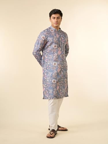 DIWAS BY MANYAVAR Men's Cotton Blend Floral Prints Casual Kurta Set (Light Grey,M)