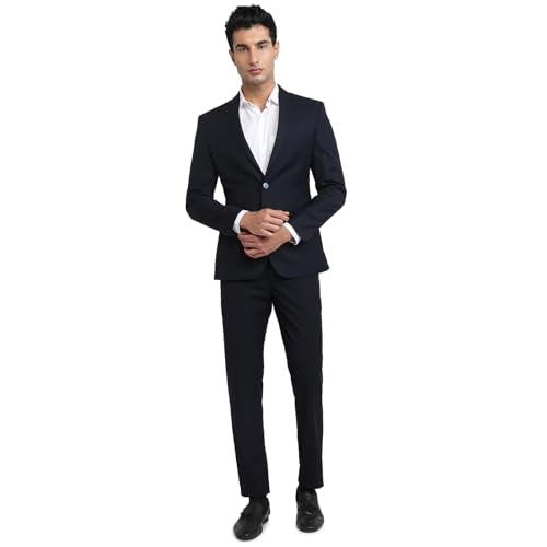 Park Avenue Men Regular Fit Solid Pattern Terelyne Rayon Wool Blend Narrow Lapel Full Sleeve Formal Suit Dark Blue