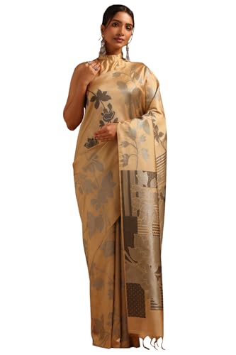 Soch Womens Gold Tussar Floral Zari Woven Saree