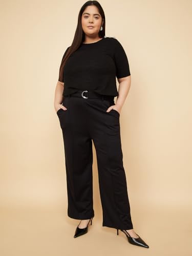 Max Women Knit Wide Leg Belted Trousers (Black_6XL)