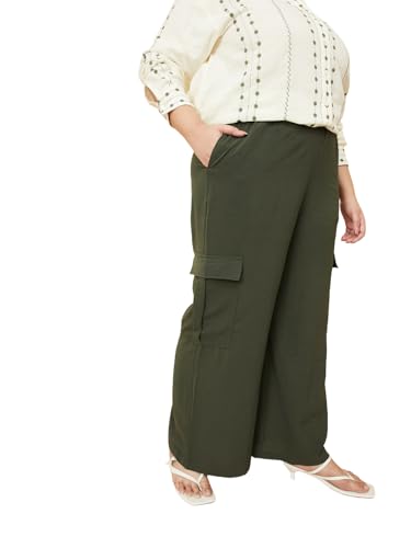 Max Women Solid Wide Leg Cargos (Green_3XL)