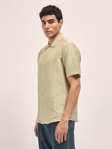 THE BEAR HOUSE Men's Textured Regular Fit Casual Shirt Beige