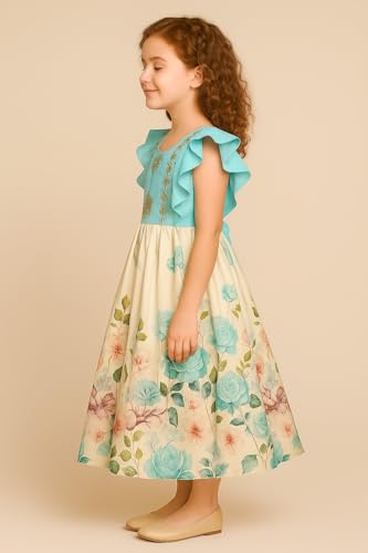 My Lil Princess Girls Calf-Length Floral Party Blue Dress with Embroidered Bodice – Cotton Lining – Birthday & Celebration Wear (3–9 Years)