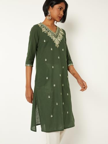 Max Women Embroidered Straight Kurta (Green_L)
