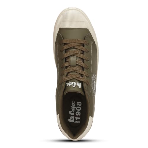 Lee Cooper Men's Olive Leather Sneakers – Lace-Up Casual Sports Shoes