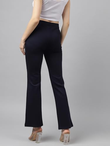 Latin Quarters Women Navy Blue Solid High Rise Stretch Trousers with Slip On Closure and Full Length for Casual Wear