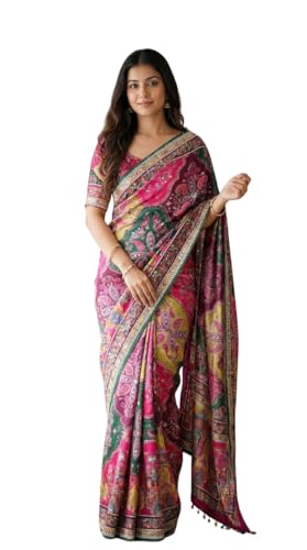 SHANTVAN GALLERY Ajrakh Sarees for Women Roman Silk Ajrakh Print Saree for Woman with Mirror Work Border & Designer Pallu with Blouse Piece Multicolor Ethnic Wear (Rani)