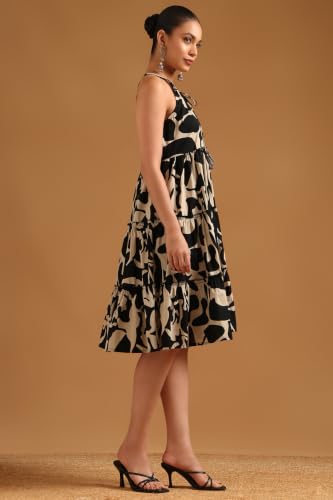 Soch Womens Black Cotton Abstract Printed Dress with Tassels