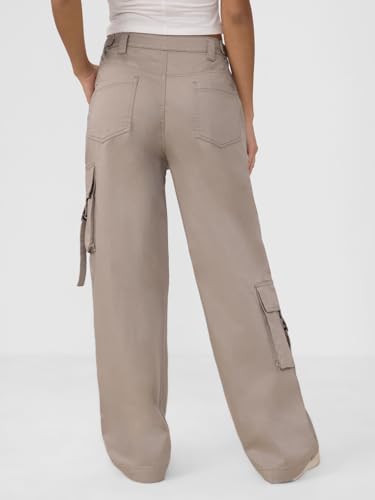 The Souled Store Cotton Pants: Taupe Women and Girls Buttoned Cotton Straight Fit Cargo Pants