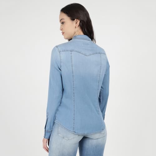 GUESS Women Blue Solid Spread Collar Full Sleeves Shirt