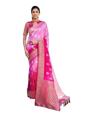 Vardha Women's Banarasi Georgette Saree with Unstitched Blouse Piece - Gold Zari Woven Work Sarees for Wedding (Mahika_676)