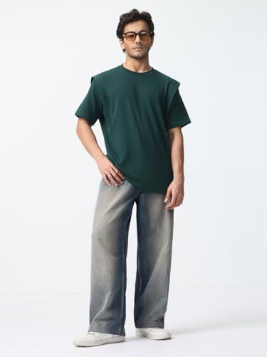 The Souled Store Oversized T-Shirt: Emerald Men and Boys Short Sleeves Round Neck Solid Structured Shoulder Casual Lightweight Drop Shoulder Streetwear Trendy Oversized T-Shirts