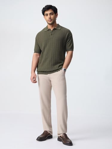 The Souled Store Blaze Men and Boys Short Sleeve Spread Collar Dark Olive Green Jacquard Knit Cotton Oversized Breathable Lightweight Everyday All-Season Polo Shirts