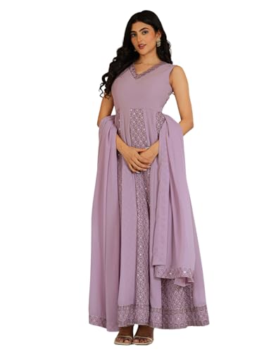 FUSIONIC Graceful Lavender Georgette Embroidered Gown with Flowing Dupatta for Festive Glamour