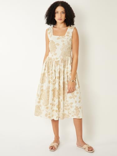 Max Women Printed Fit & Flare Midi Dress (Beige_XS)