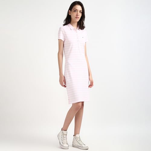 Tommy Hilfiger Women Pink Striped Cotton Short Sleeve Dress