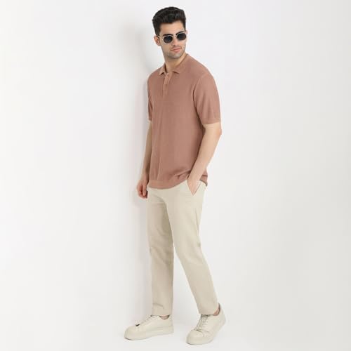 Park Avenue Men Slim Fit Structure Pattern Pure Cotton Half Sleeve Polo Neck Casual T-Shirt (Size: 40)-PCKB01463-E4 Medium Orange