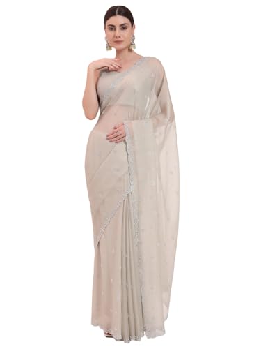 FIORRA Women's Light Grey Organza Crushed Siroski Work Embellished Border Saree With Unstitched Blouse