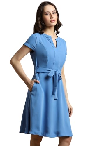 Allen Solly Women's Polyester Asymmetrical Knee-Length Dress (AHDRWRGF297540_Blue