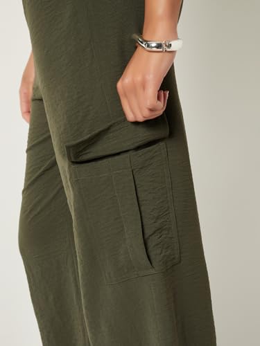Max Women Solid Wide Leg Cargos (Green_M)