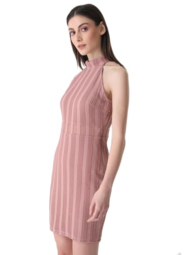 Kazo Solid Halter Neck Poly Cotton Women's Mini Dress (Pink, Medium)