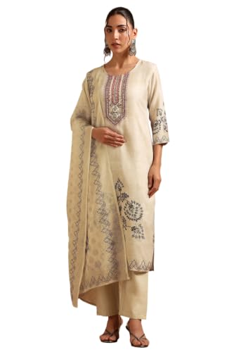 Soch Womens Cream Linen Digital Print Botanical Thread Work Salwar Suit