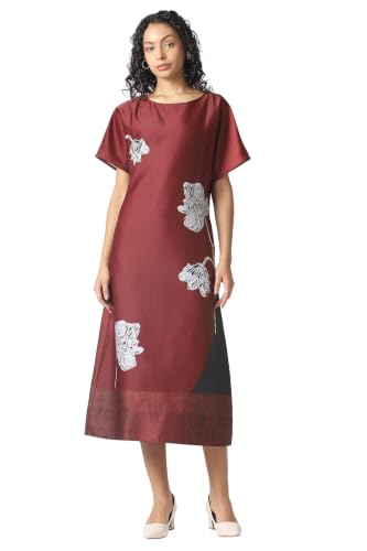 Women Maroon Print Calf-Length Party Dress