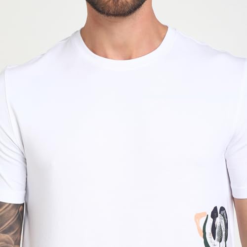 GUESS Men's White Cotton Printed Slim Fit Half Sleeves T-Shirt