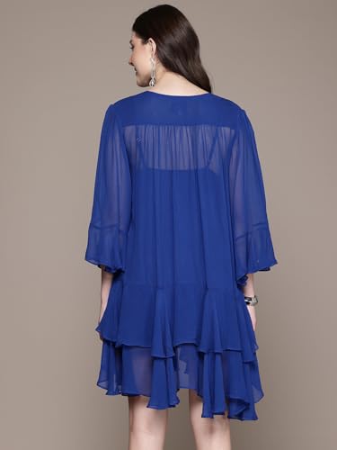 Label RITU KUMAR V Neck Full Sleeves Solid Short Dress with Inner Blue
