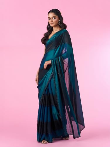 MOHEY Women's Organza Printed & Stone Work Saree with Blouse Piece (Teal Blue)