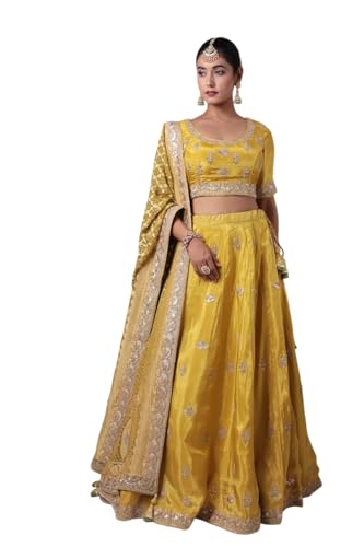 Women's Embellished Silk Lehenga with Contrast Bandhej Dupatta