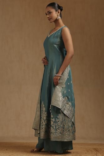 Soch Womens Teal Shimmer Zari Woven Suit Set With Stone Work