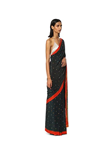 Satya Paul Crepe Green Teal Printed Silk Sari