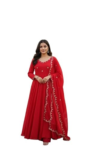 Traditional Red Anarkali Dress with Embroidered Details, Elegant Traditional Style (in, Alpha, XL)