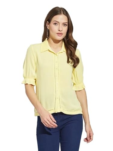 Latin Quarters Women's Yellow Half Sleeves Collar Neck Casual Solid Shirt_XL