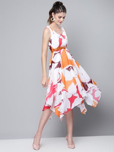 SASSAFRAS Orange Floral Asymmetric Belted Midi Dress
