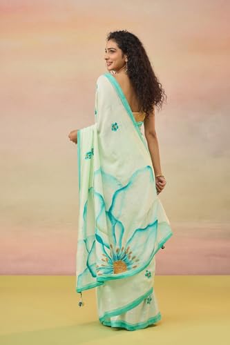 Taneira Women Light Blue Silk Bengal Hand Paint Embroidery Saree with Unstitched Blouse (SAIH06AD4380 - Light Blue)