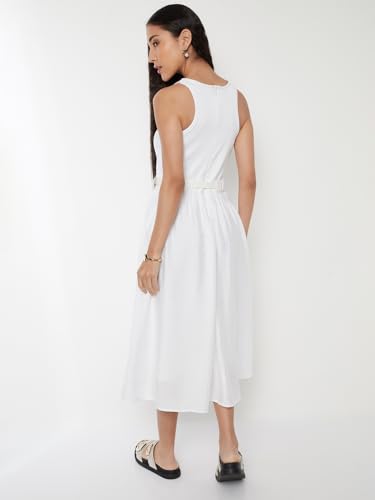Max Women Solid A-line Midi Dress with Belt (Off White_S)