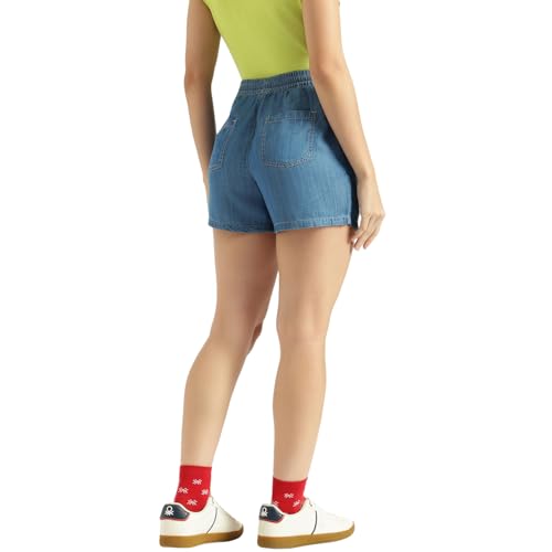 United Colors of Benetton Solid Skinny Fit High Waist Tencel Shorts (Size: 34) - 26P4DENIM159I901 Blue