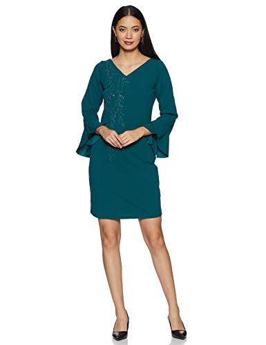 AND Women's Synthetic A-Line Knee Length Dress (AW19AT117DRSCTEAL10_Teal_10)